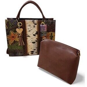 Homemade artisanal leather tote and Crossbody Cowhide floral purse set NWT